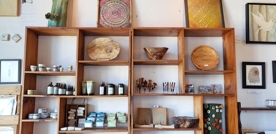 soaps and handmade bowls on display