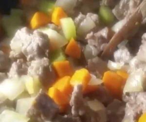 Carrots beef celery onions cooking together in a pot