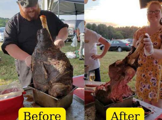 Before and after of a cooked leg of beef